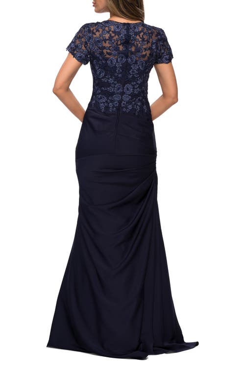 Shop La Femme Satin Evening Dress With Lace And Scoop Neckline In Navy