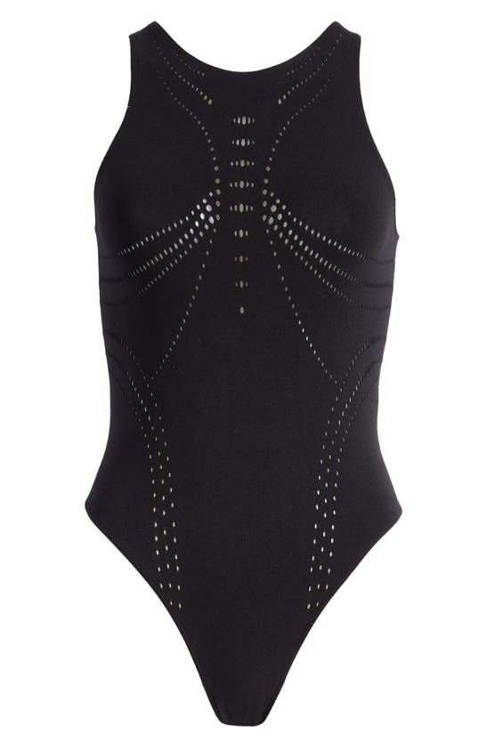 Shop Afrm Elmer Laser Cut Seamless Bodysuit In Noir