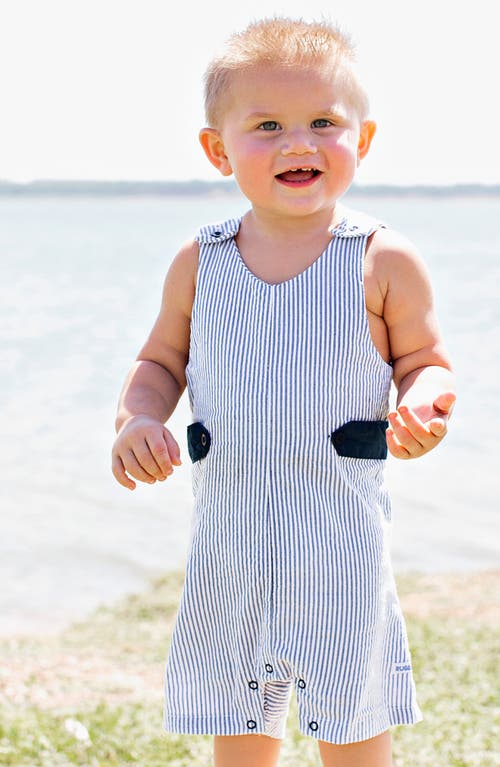 Shop Ruggedbutts Seersucker Stripe Overalls In Blue