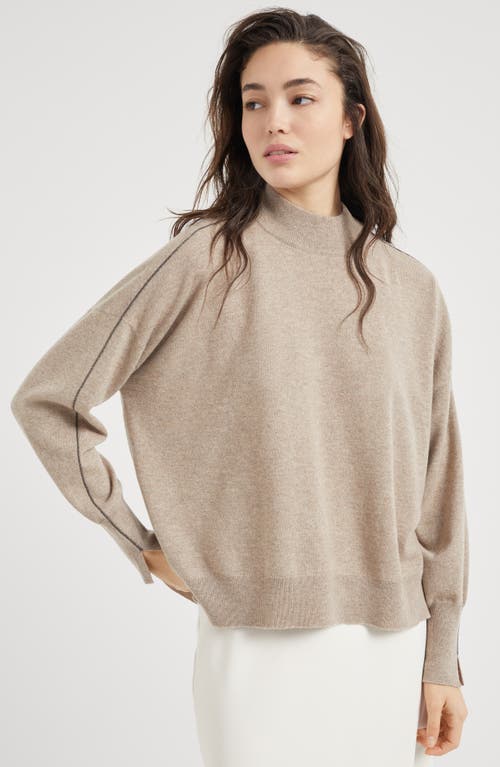 Shop Brunello Cucinelli Mock Neck Sweater With Monili In Brown