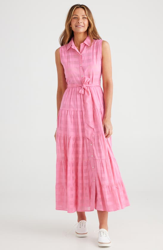 Shop Brave + True Poppy Sleeveless Cotton Maxi Shirtdress In Pink Window Check