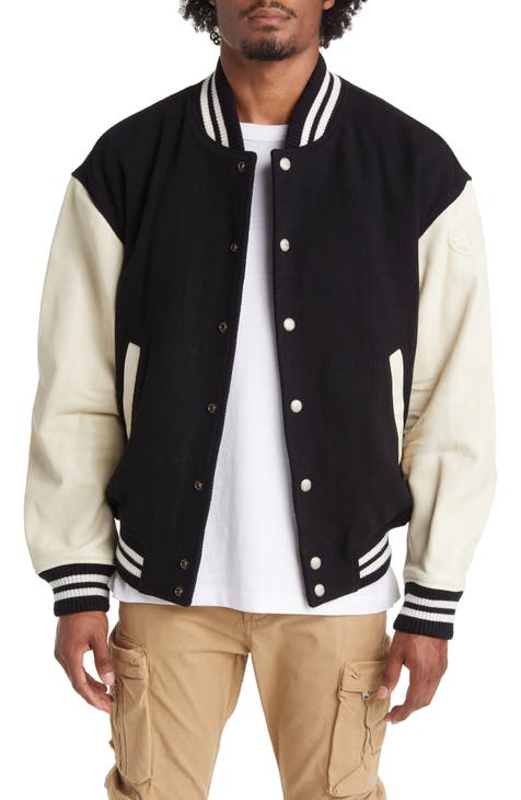 Black Wool Letterman Varsity Bomber Jacket Gold Faux Synthetic Leather  Sleeves