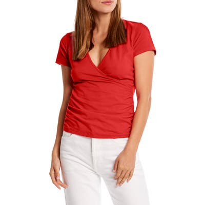 Michael Stars Bella Surplice Ruched Stretch Cotton Top, Red
