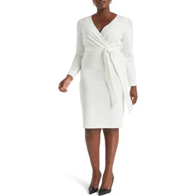 Plus Size Eloquii Wrap Front Long Sleeve Sheath Dress, White