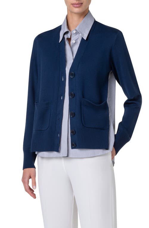 Akris Punto Illusional Mixed Media Cardigan With Striped Blouse Detail In Ink-cream