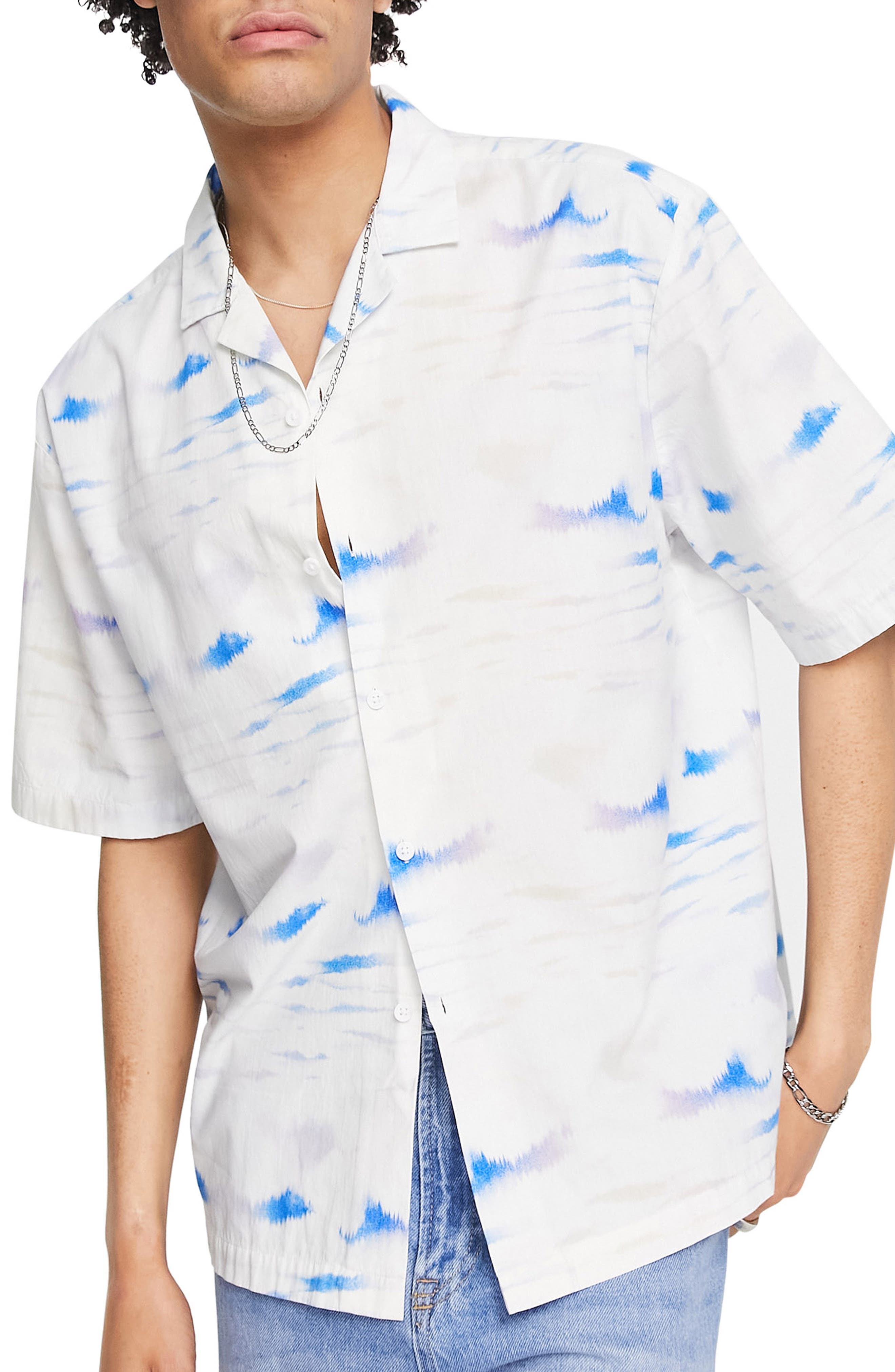 Topman Ink Print Cotton Camp Shirt 