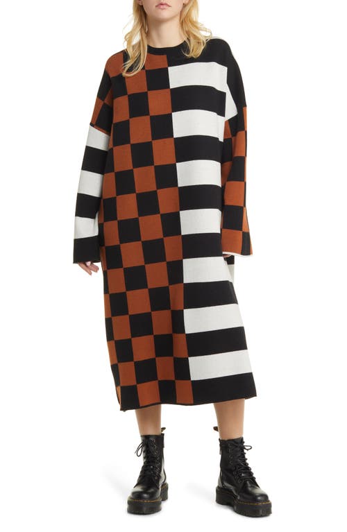 Check & Stripe Long Sleeve Sweater Dress in Black Brown White