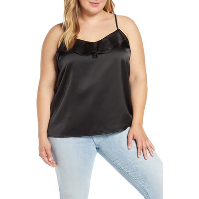 Plus Size Gibson X Hot Summer Nights Two Peas Ruffle Detail Satin Camisole, Black (Plus Size) (Nordstrom Exclusive)