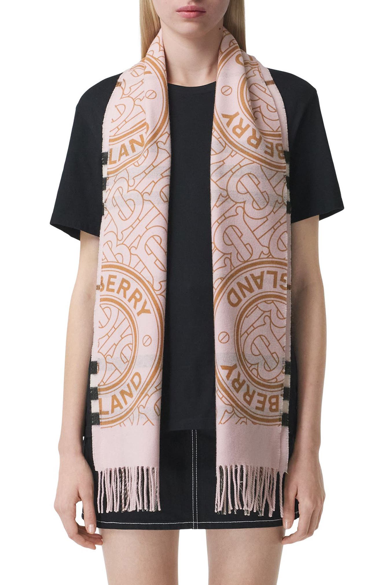 Burberry TB Monogram Check Cashmere Scarf in Pale Pink at Nordstrom