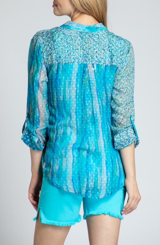 Shop Apny Mixed Media Roll-up Sleeve Chiffon Button-up Shirt In Turquoise