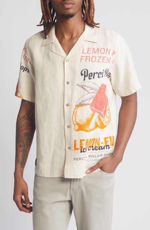 Lemon Kreme Short Sleeve Linen Graphic Button-Up Shirt in Natural