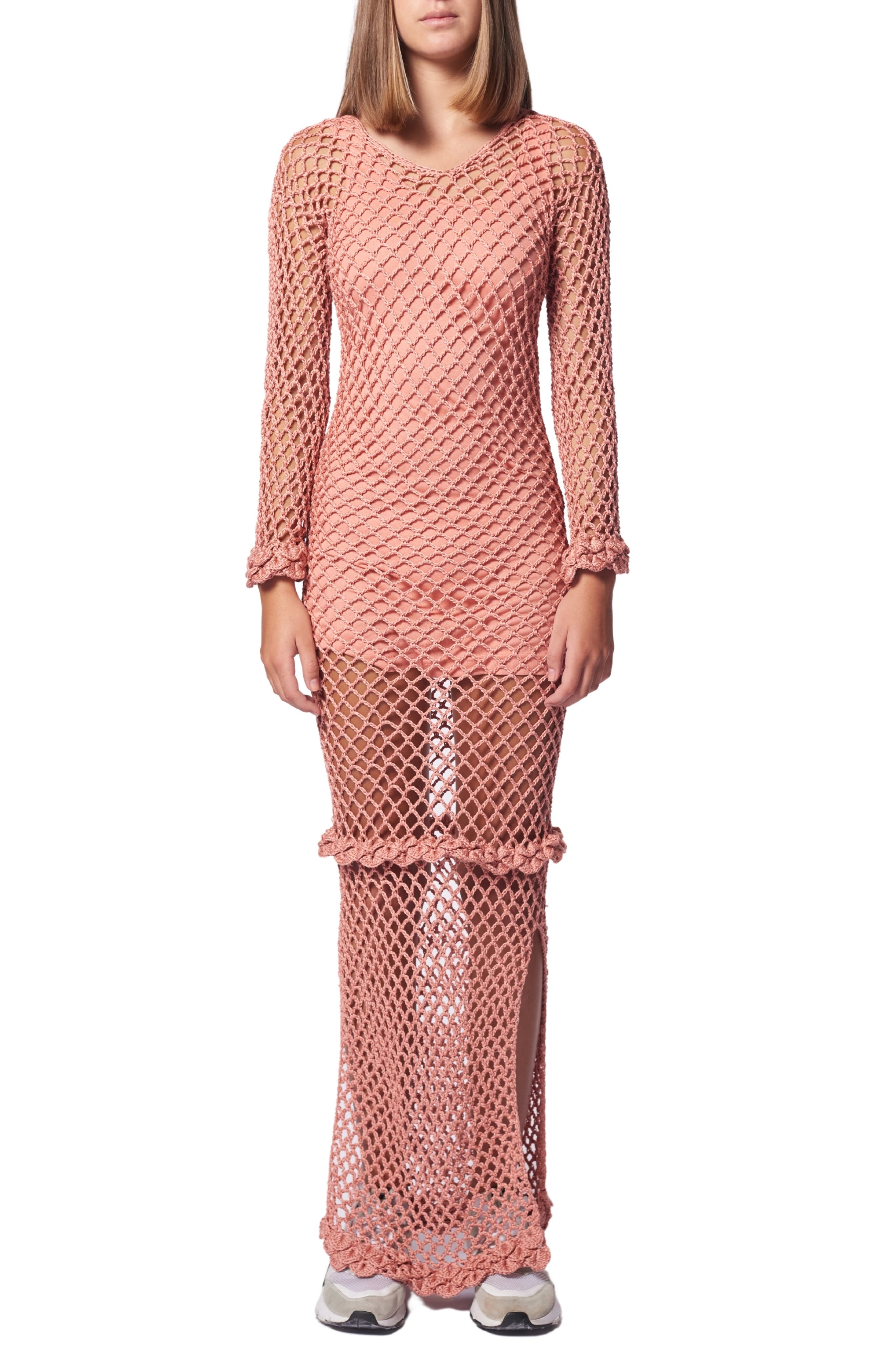 AYNI Crochet Long Sleeve Dress in Coral at Nordstrom
