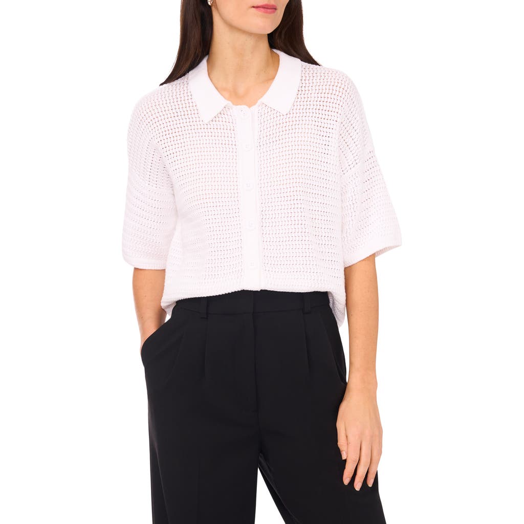 Halogenr Halogen(r) Open Stitch Button-up Polo Sweater In White