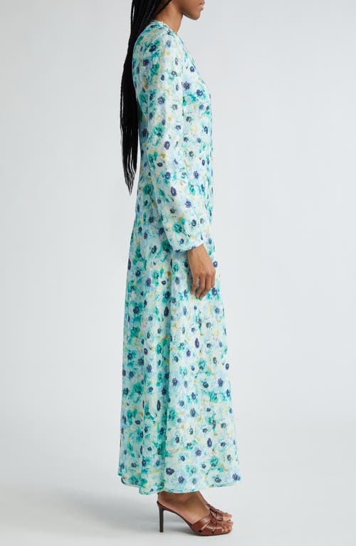 Shop Zimmermann Lightburst Floral Bias Cut Long Sleeve Linen Dress In Aqua Floral