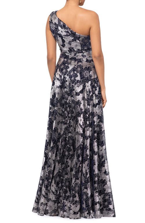 Shop Betsy & Adam Metallic Floral One-shoulder Gown In Navy/gunmetal