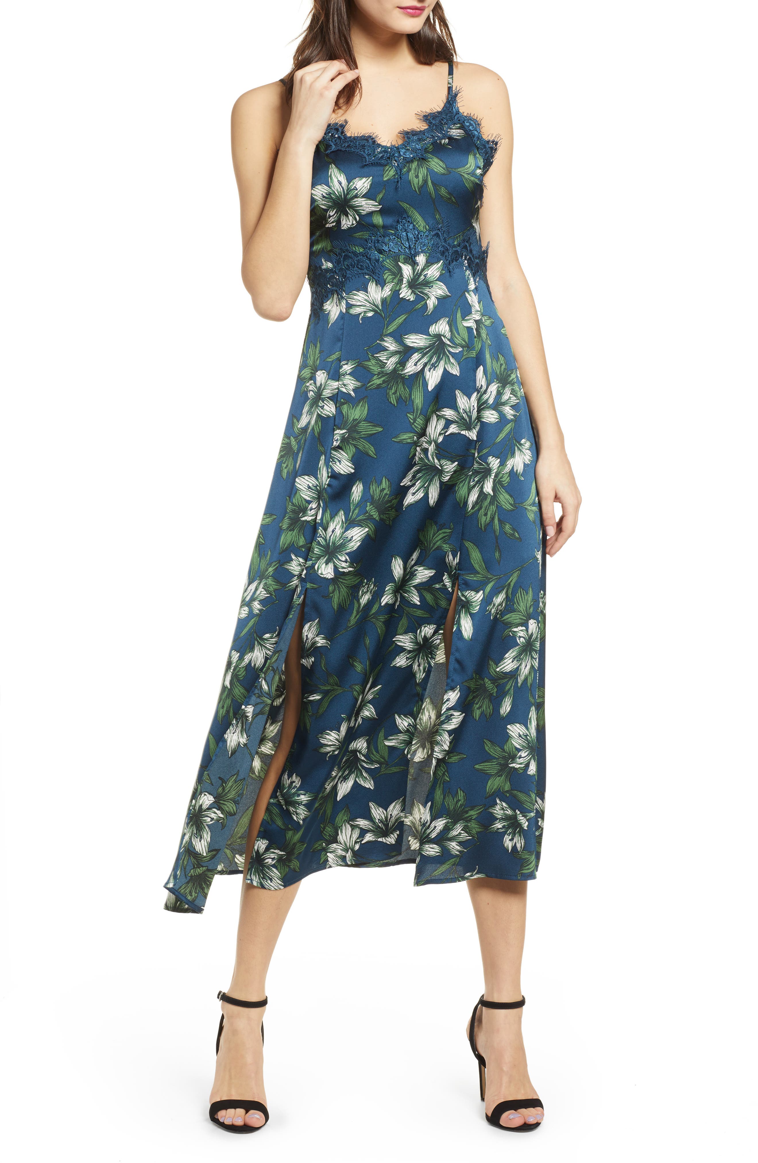 J.o.a. Lace Trim Sleeveless Midi Dress, Blue