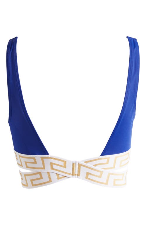 Shop Versace La Greca Bikini Top In Blue/white/gold