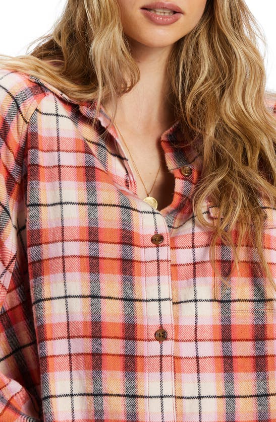 Shop Billabong Best Time Oversize Plaid Cotton Flannel Shirt In Hibiscus