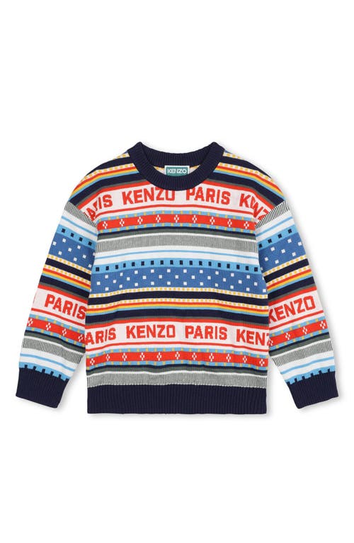 KENZO Kids' Fair Isle Cotton & Wool Blend Crewneck Sweater in Ivory Blue 