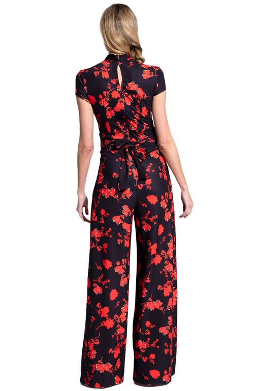 Shop Hotsquash London Clothing Faux-wrap Wide Leg Jumpsuit In Red Flowers On Black