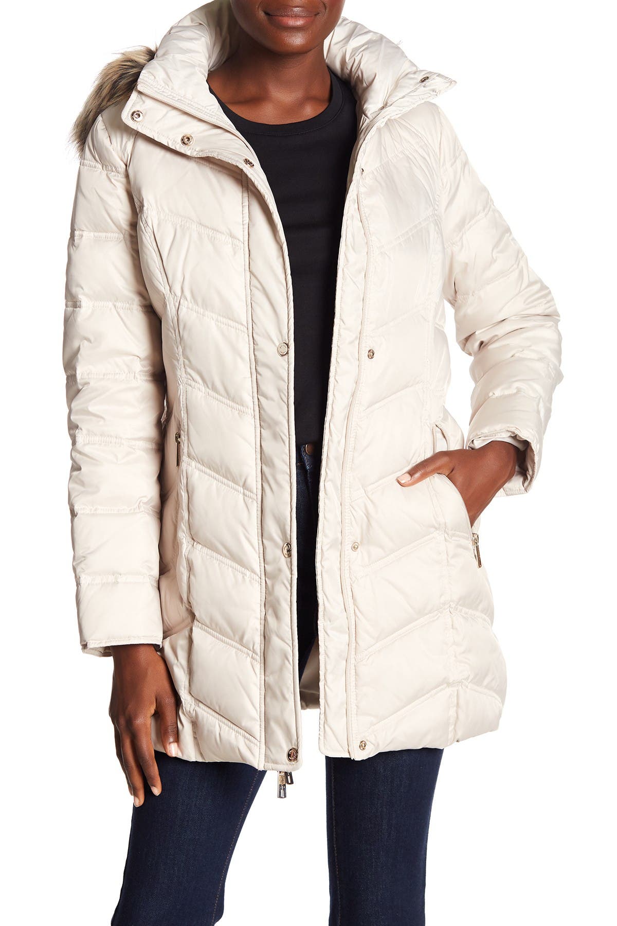 kenneth cole faux fur hooded chevron down coat