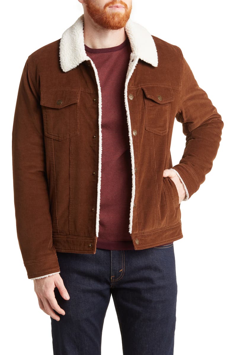 GUESS Faux Shearling Lined Corduroy Shirt Jacket, Main, color, BROWN