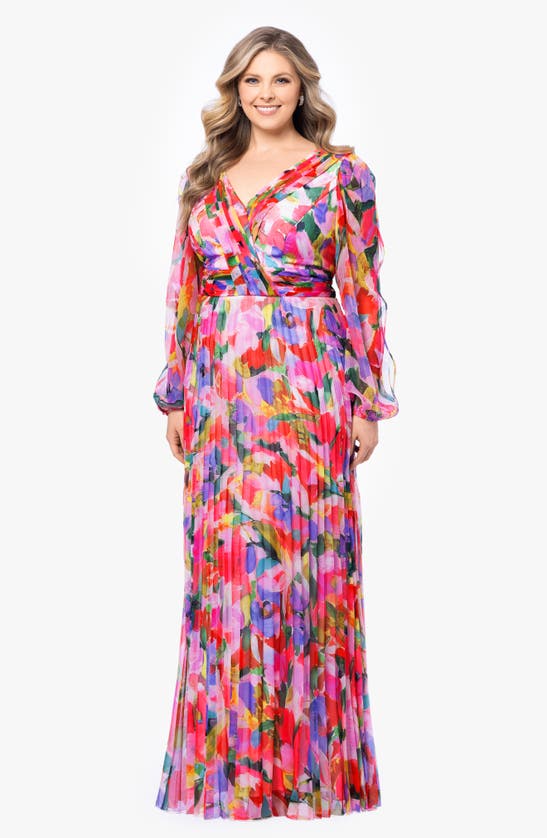 Shop Betsy & Adam Pleated Long Sleeve Maxi Dress In Pink Multi