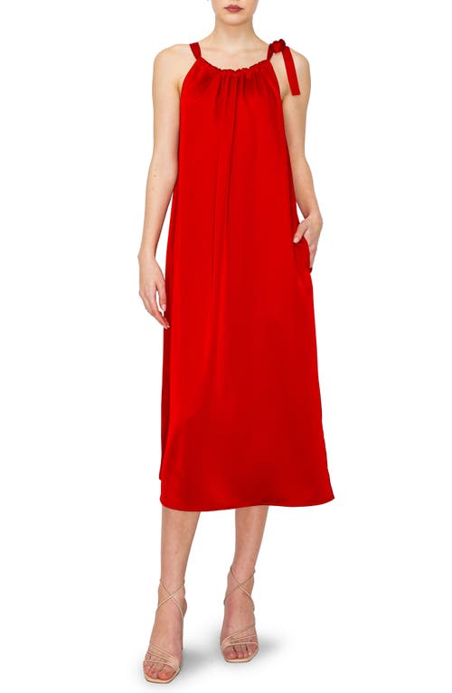Shop Melloday Halter Neck Satin Midi Dress In Red