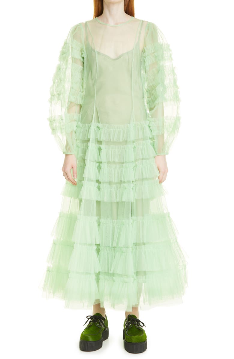 MOLLY GODDARD Kendi Frill Long Sleeve Ruffle Tulle Dress, Main, color, MINT GREEN