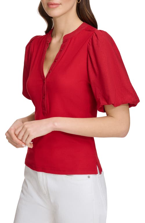 Shop Dkny Rib Crinkle Sleeve Henley Top In Sangria