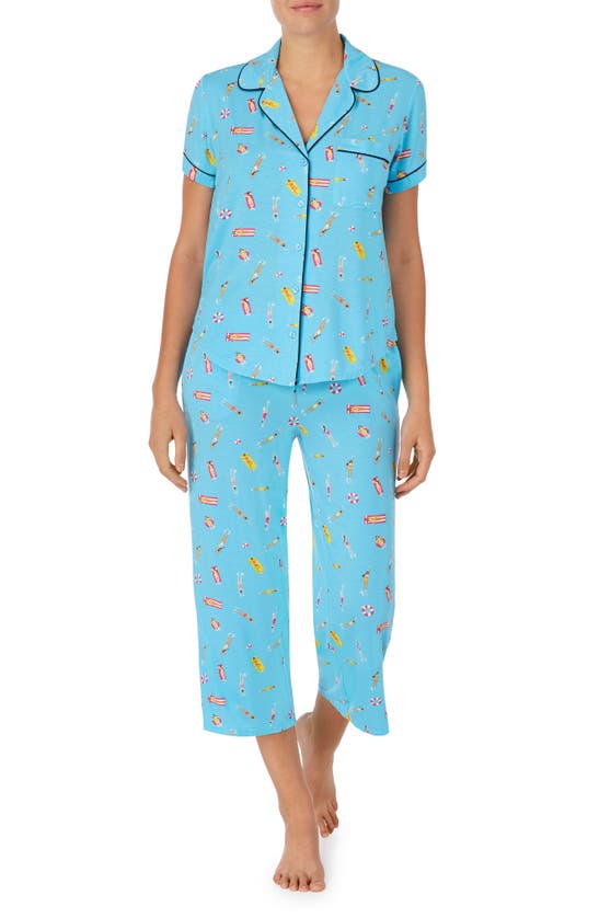 Kate Spade Print Jersey Crop Pajamas In Aqua