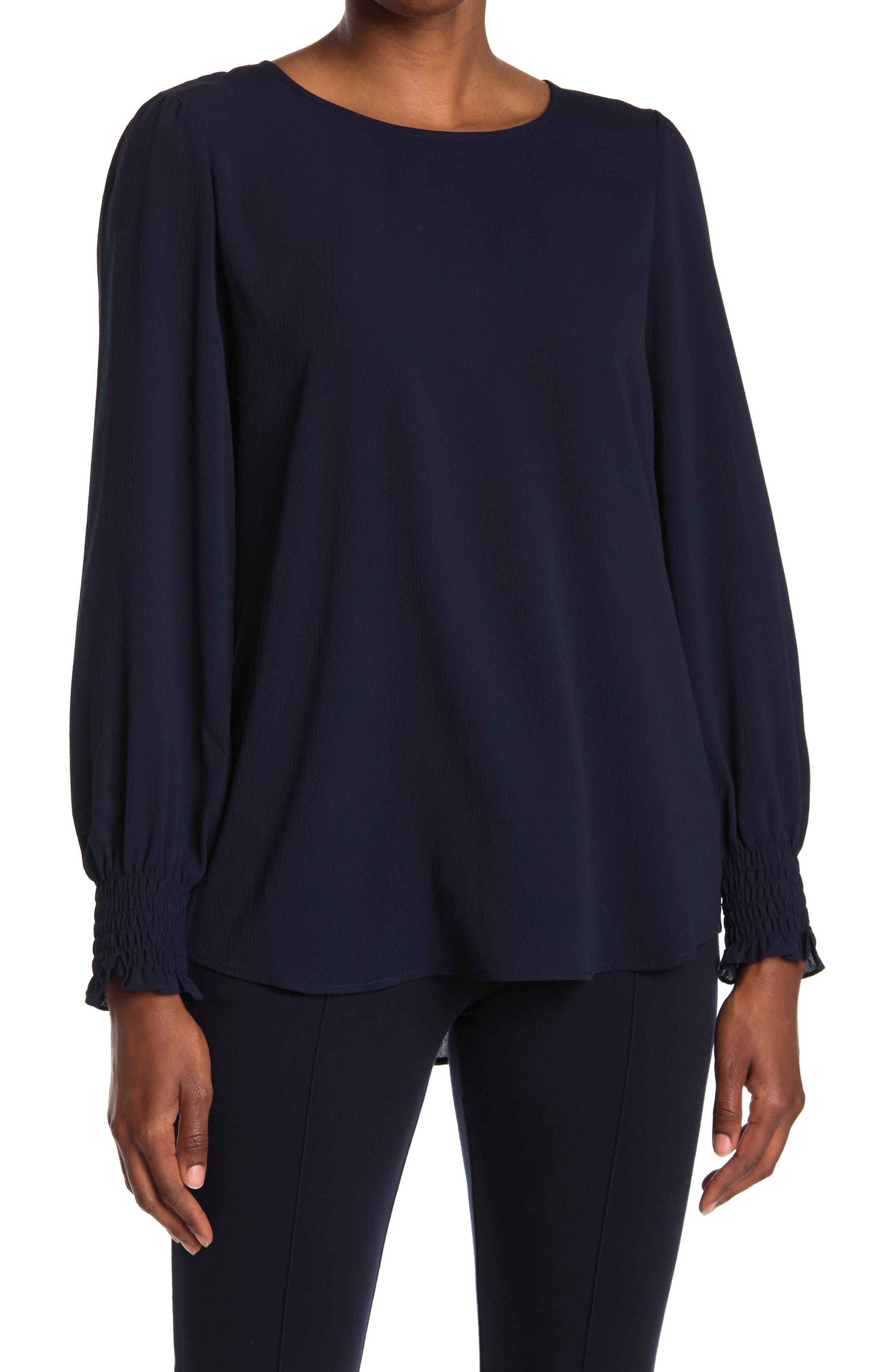 Adrianna Papell Solid Long Sleeve Smocked Cuff Blouse In Blue Moon