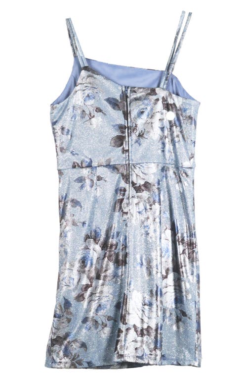 Shop Zunie Kids' Asymmetric Floral Shimmer Dress In Blue Floral