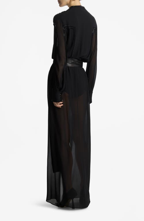 Shop St John St. John Collection Tonal Beaded Long Sleeve Silk Georgette Gown In Black