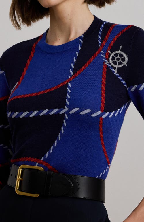 Shop Ralph Lauren Lauren  Rope Print Crewneck Sweater In Blue Multi