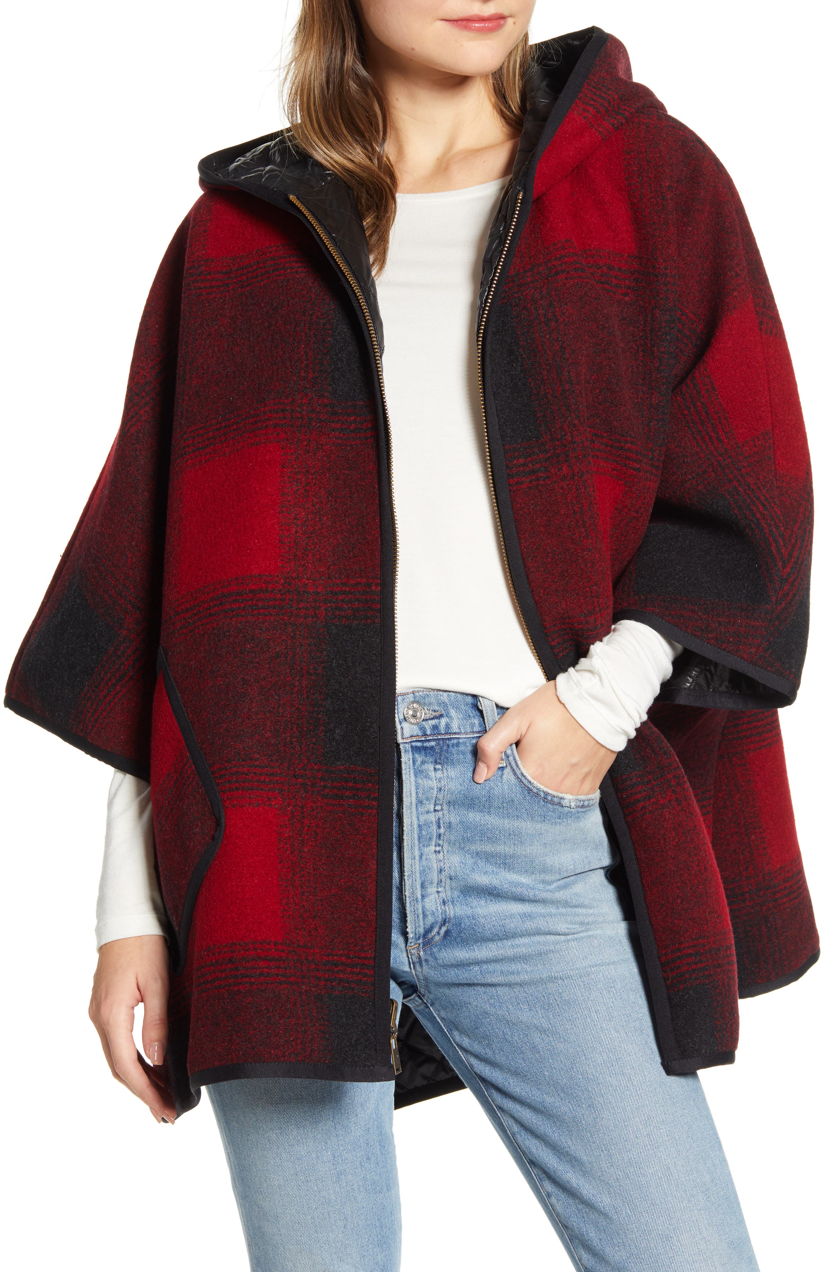 Pendleton Madras Geometric Wool Poncho In Red Ombre | ModeSens