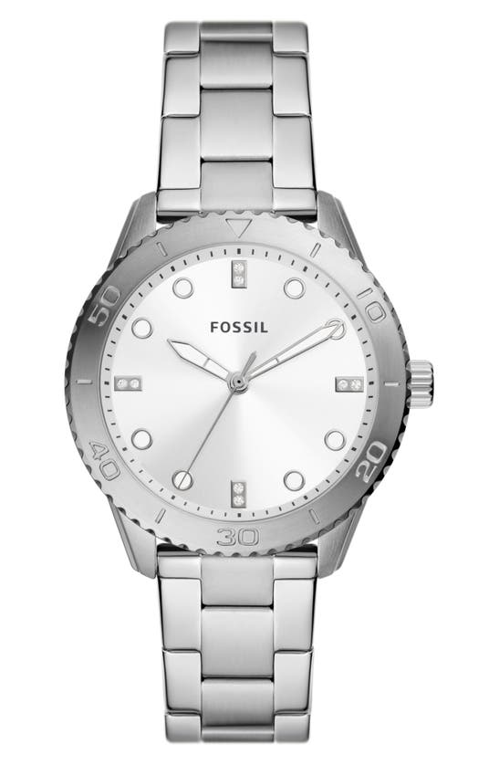 Fossil Dayle Cz Embellished Stainless Steel Bracelet Watch, 38mm In Silver