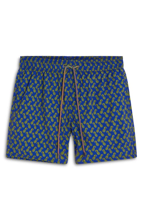 Shop Bugatchi Print Archer Mid Length Swim Trunks In Royal