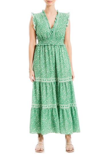 Shop Max Studio Sleeveless Smocked Floral Print Tiered Maxi Dress In Green Whispering