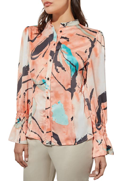 Abstract Print Long Sleeve Button-Up Shirt in Coral Sand/oceanfront/limeston
