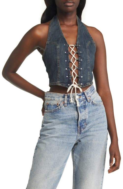 BDG Urban Outfitters Lace-Up Studded Denim Halter Top in Vintage Denim
