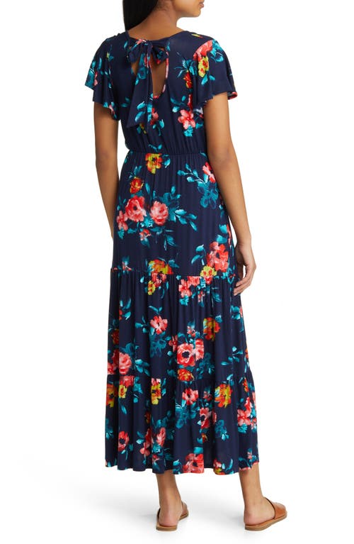 Loveappella Floral Tiered Faux Wrap Knit Maxi Dress In Navy/coral