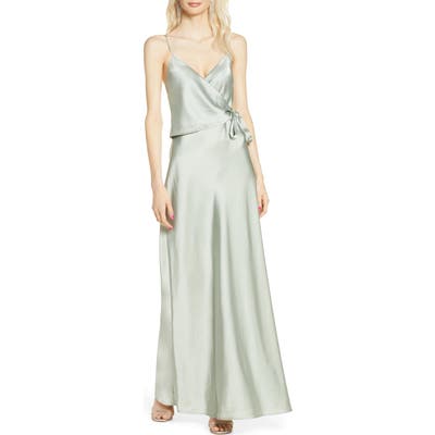 Wayf The Cooper Satin Faux Wrap Gown, Green