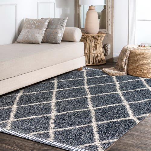 Jonathan Y Mercer Shag Plush Tassel Moroccan Geometric Trellis Denim Area Rug In Denim Blue/cream