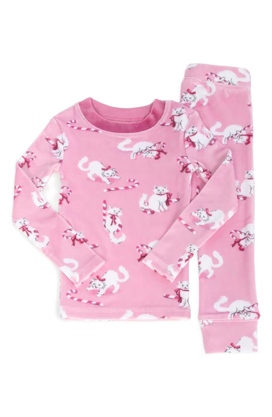 Shop Munki Munki Kids' Holiday Kittens & Candy Canes Fitted Two-piece Pajamas In Pink