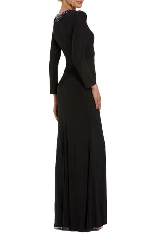 Mac Duggal Long Sleeve Jersey Ruched Gown With Beaded Neck In Black