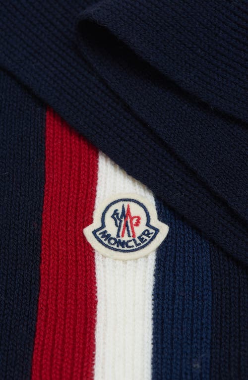 Shop Moncler Logo Stripe Wool Scarf In Blue