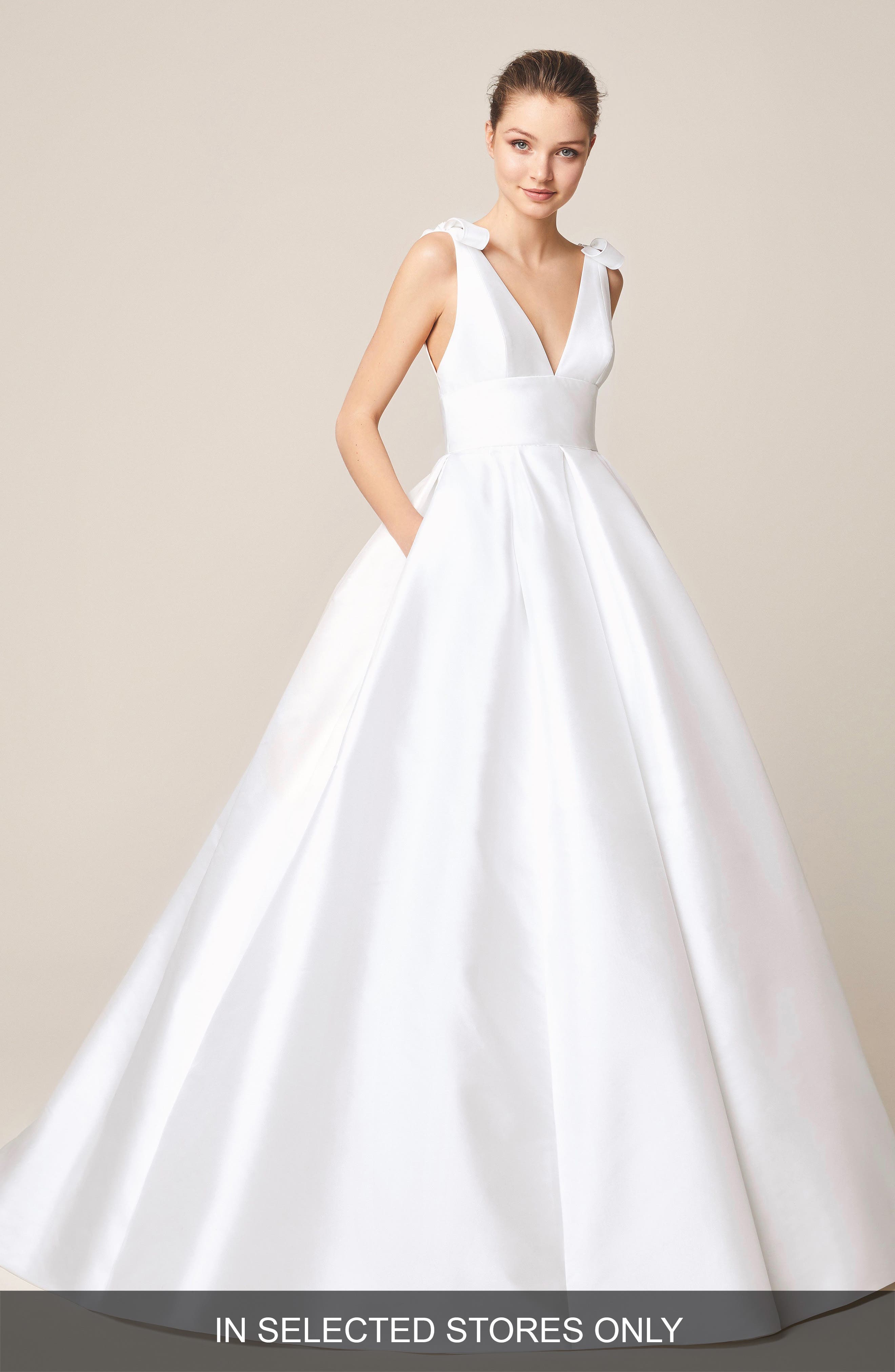 Jesus Peiro Satin V-Neck Bow Detail Wedding Dress, Size IN STORE ONLY - White