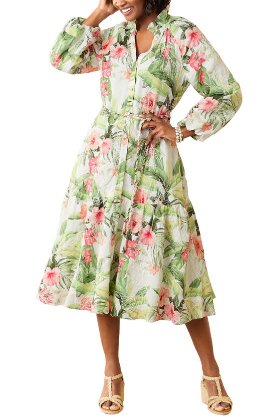 Shop Tommy Bahama Daybreak Hibiscus Floral Long Sleeve Linen Midi Dress In White