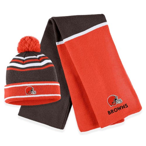 Women's WEAR by Erin Andrews Orange Cleveland Browns Colorblock Cuffed Knit Hat with Pom and Scarf Set